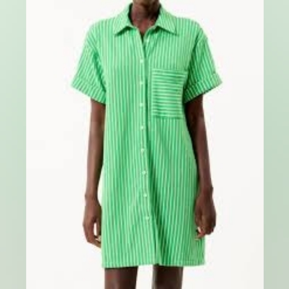 FRNCH Green and White Striped Mini Shirt Dress